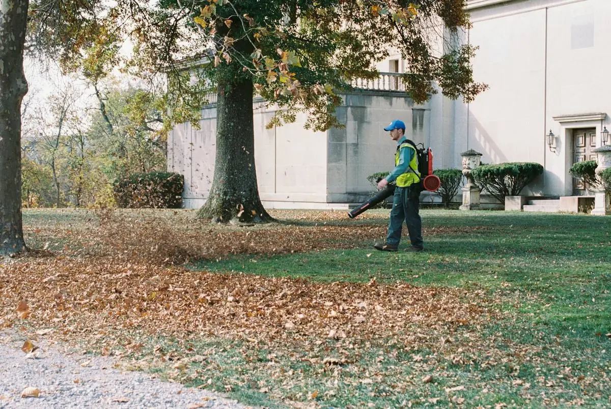 Crew member using a backpack leaf blower to clear fall leaves from a lawn
